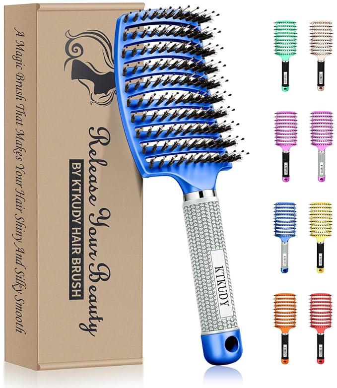 KTKUDY Detangling Brush Boar Bristles Hairbrush Make Hair Shiny & Healthier Curved and Vented Detangler Brush for Women Men Kids Wet and Dry Hair (Blue)