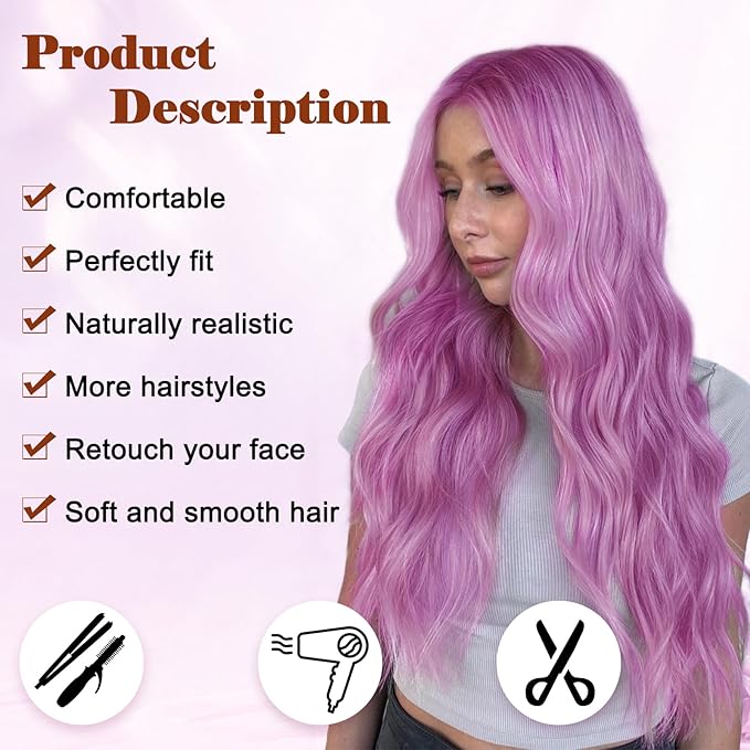 NAYOO Long Purple Wavy Wig for Women 26 Inch Middle Part Curly Wavy Wig Natural Looking Synthetic Heat Resistant Fiber for Daily Party (Purple)