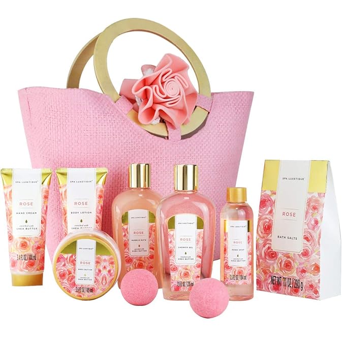 Spa Luxetique Spa Gift Set, Bath Gift Set for Women, 10 Pcs Rose Bath Set, Pink Tote Gift Bag with Shower Gel, Bubble Bath, Body Lotion, Hand Cream, Christmas Beauty Gifts for Women