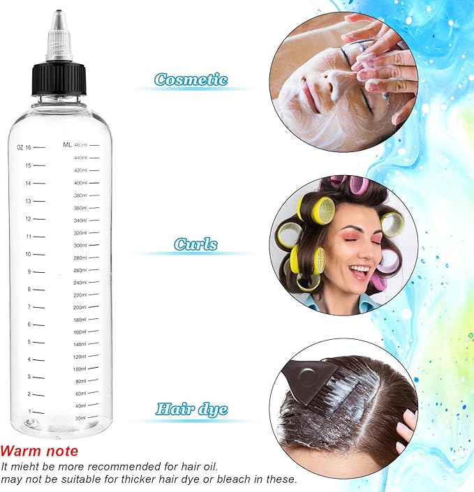 2 Pack Applicator Bottle for Hair 16.9oz Soft Squeeze Empty Oil Dispenser Hair Color Applicator Root Hair Dye PET Plastic Refillable Bottles for Salon Sylist with Graduated Scale and Twist Top