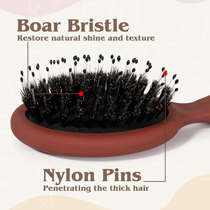 Mini Boar Bristle Hair Brush - Boar & Nylon Bristle Small Brush for Women Kids Long Short Hair to Smooth Add Shine - Travel Size Hair Brush for Purse,Pocket - Red