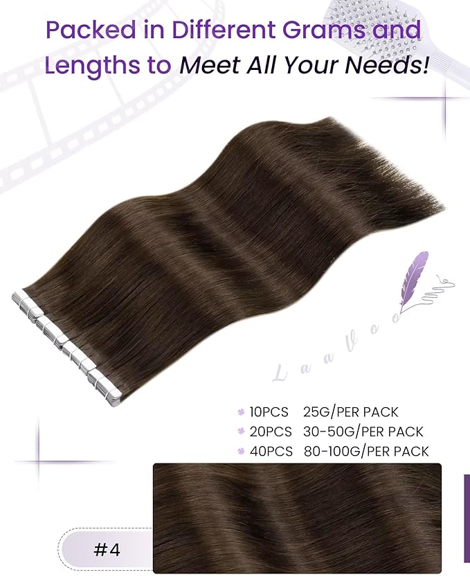 LaaVoo Tape in Hair Extensions Brown Human Hair Tape in Extensions Dark Brown Hair Extensions Real Human Hair Tape in Silky Straight 20 Pieces 14 Inch 40g