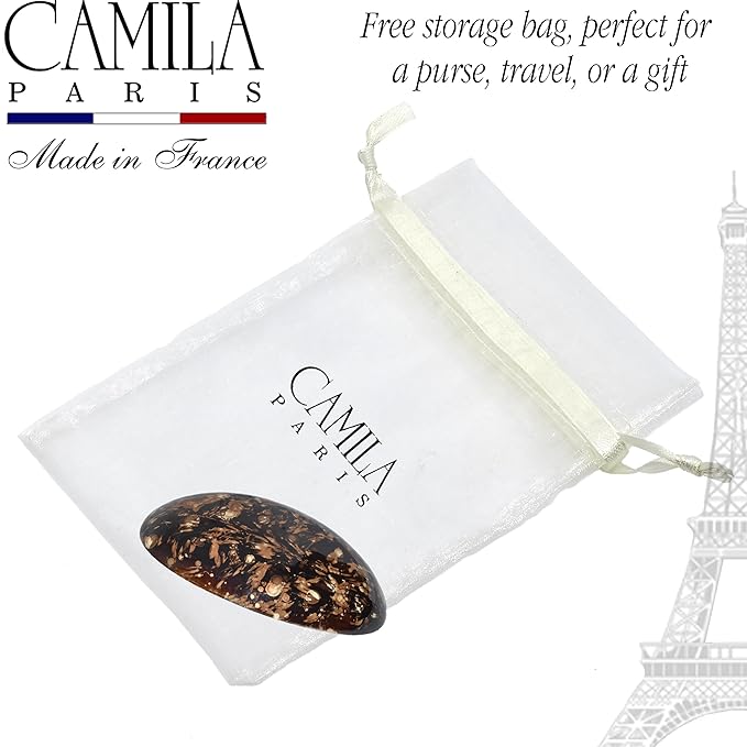 Camila Paris CP3869 French Hair Barrette Clip Oval Brown and Gold, Strong Hold Grip Hair Clips for Women, No Slip Rubberized Metal Closure, Durable Styling Girls Hair Accessories, Made in France
