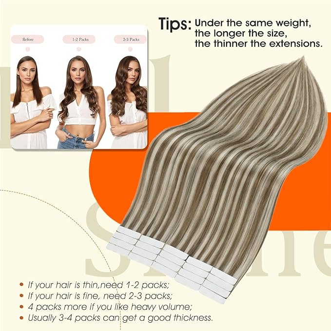 Full Shine Tape in Hair Extensions Remy Human Hair 22 Inch Tape in Extensions for Women Straight Hair Extensions Tape ins Color 8 Ash Brown Highlights 60 Platinum Blonde 50Gram 20pcs Natural Hair