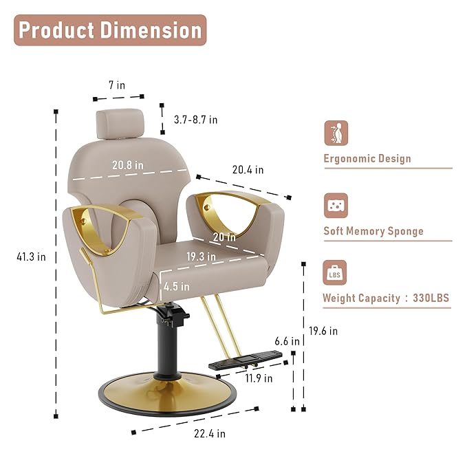 Barber Chair for Hair Stylist, Height Adjustable Hydraulic Hair Reclining Salon Chair, 360 Degrees Rotation, Multi-Function Shampoo Chair for Salon Barbershop (Grey)