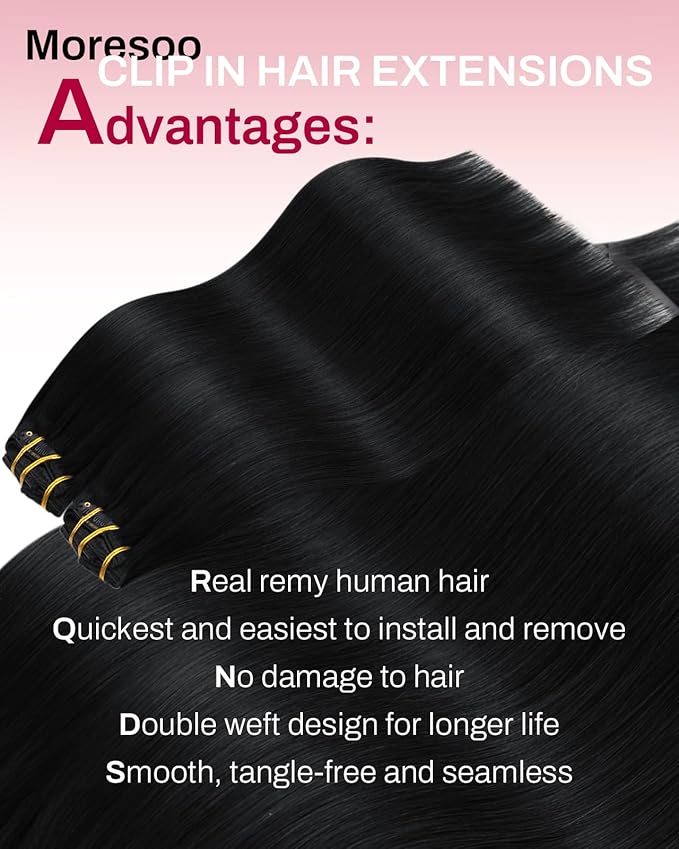 Moresoo Jet Black Seamless Clip in Hair Extensions Human Hair Jet Black Hair Extensions Clip ins Long Pu Weft Invisible for Women Straight And Thick 135g/7pcs 20 inch