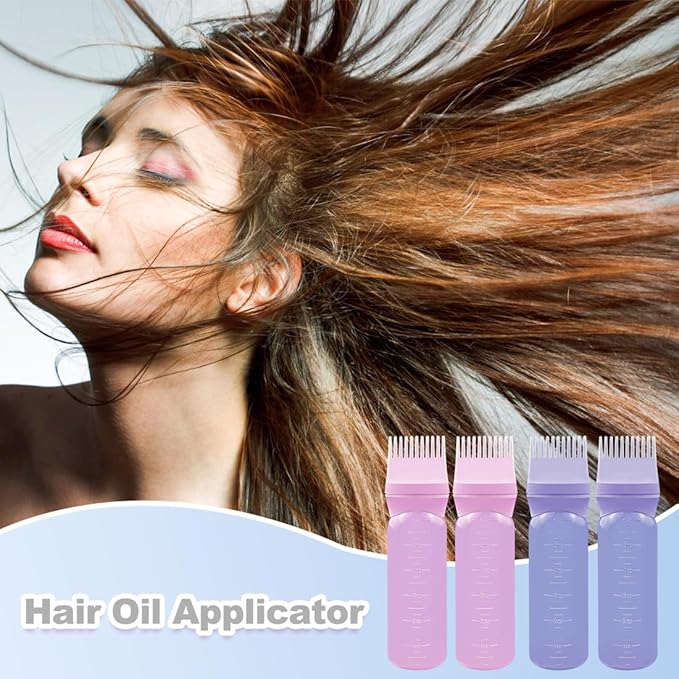 ELANE 4 Pcs Root Comb Applicator Bottle 6oz,Hair Oil Applicator Bottle for Hair,Oil Comb Applicator Hair Bottle Applicator for Hair Dye Shampoos Hair Salons Camping Traveling(purple+pink)