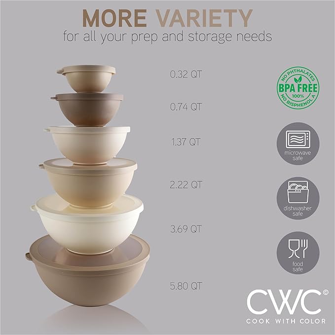 COOK WITH COLOR Mixing Bowls with TPR Lids - 12 Piece Plastic Nesting Bowls Set includes 6 Prep Bowls and 6 Lids, Microwave Safe (Brown)