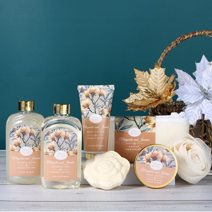 Home Spa Gift Basket, Bath Spa Kit for Women, with Body Lotion, Shower Gel, Bubble Bath, Body Scrub, Bath Salt, Bath Bomb, Bath Gift Set for Mother, Wife Her, with Magnolia and Jasmine Scent