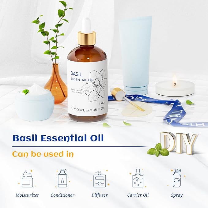 HIQILI Basil Essential Oil, 100% Pure & Natural, Diffuser in Bedroom, Yoga, Mediation for Calming Relaxation Mood, Hair Growth, Body Massage, DIY Sweet Herbal Scented Soap Gifts- 100ML