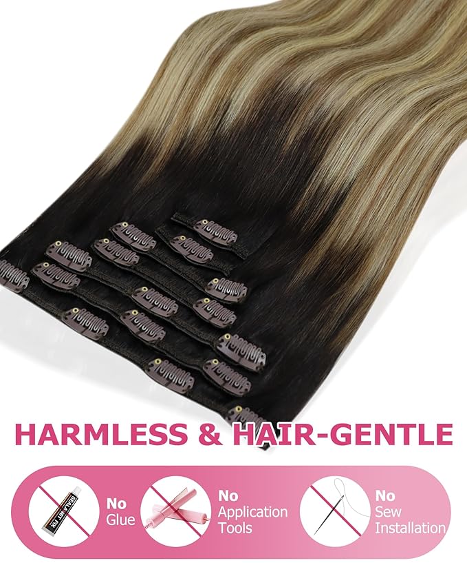 YoungSee Clip in Human Hair Extensions Balayage Clip on Hair Extensions for Women Darkest Brown to Blonde with Brown Balayage Clip in Extensions Real Human Hair Long Straight Hair 24Inch 120G 7Pcs