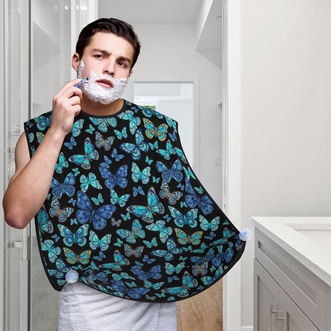 Beard Hair Catcher Bib, Waterproof Non-Stick Grooming Apron for Shaving Trimming, Perfect for Men Dad, Beautiful Butterflies Blue Butterfly Shave Bib