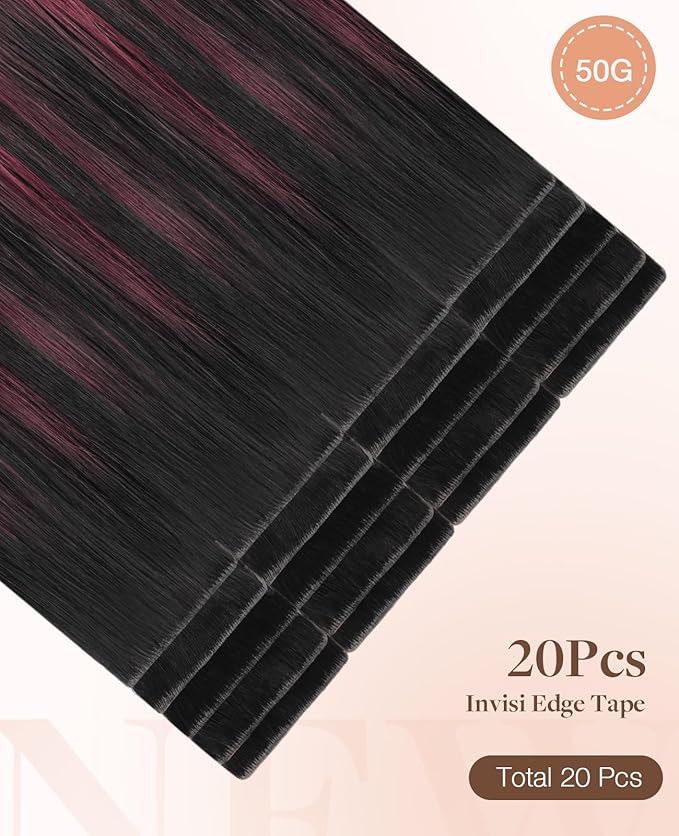 GOO GOO Invisi Edge Tape in Hair Extensions Human Hair, 1/99 Balayage Jet Black to Red, 20pcs 14inch 50g, Virgin Remy Hair, Seamless Injected Tape, Natural Look