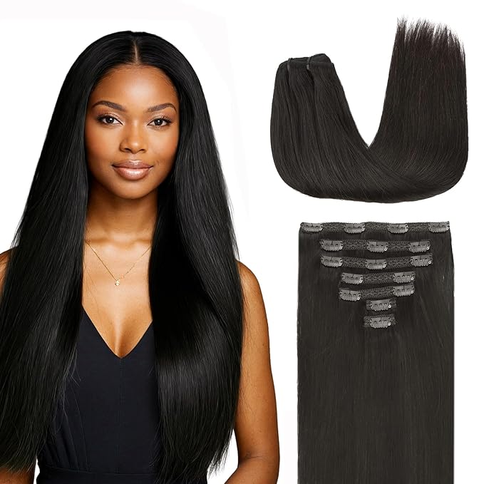 Lashey Hair Extensions Real Human Hair, 20 Inch Natural Black #1B Color 120g 7pcs, Clip in Hair Extensions Real Human Hair Remy Straight Long Hair Extension Clip in Thick Hair for Black Women