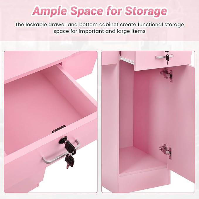 Salon Station for Hair Stylist,Hair Styling Storage Cabinet with Glass Door,Tool Dryer Holders, Salon Beauty Spa Barber Hair Staion, Pink