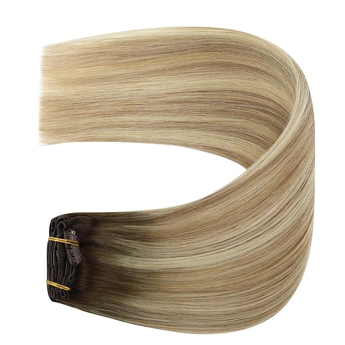 YoungSee Clip in Hair Extensions Human Hair Brown Ombre Clip in Human Hair Extensions Walnut Roots to Light Brown with Blonde Clip in Extensions Ease of Use 18Inch 7Pcs 120G