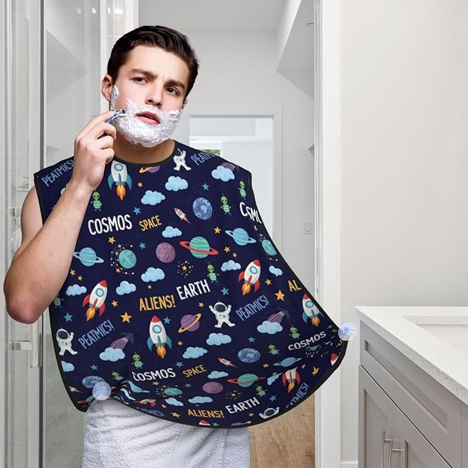 Beard Trimming Catcher Apron, Waterproof Non-Stick Grooming Bib for Shaving, Ideal for Men Dad Father’s Day, Cartoon Space Rockets Astronaunt Planets Stars Alien Art Shave Bib