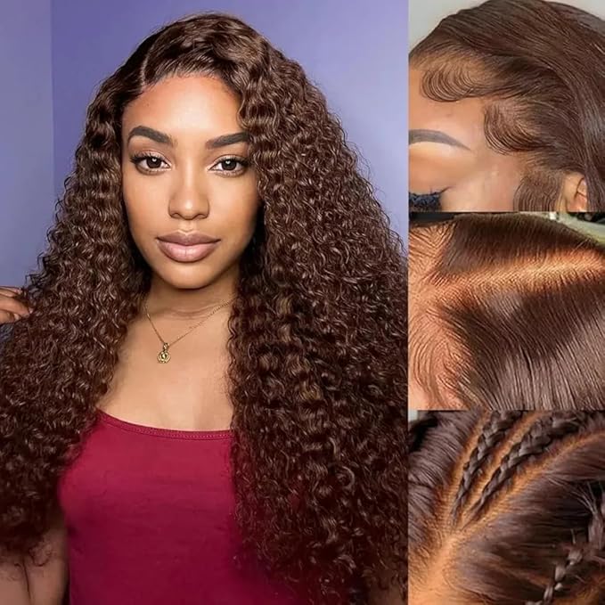 24 Inch Chocolate Brown Deep Wave Lace Front Wigs Human Hair Pre Plucked 200% Density 13x6 HD Lace Frontal Wigs with Baby Hair Deep Curly Wet and Wavy Glueless Wigs for Women (4# Brown, 24 Inch)