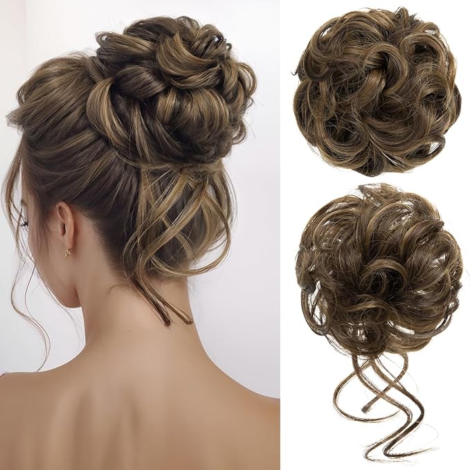 CJL HAIR 2PCS Messy Bun Hair Pieces Wavy Curly Synthetic Updo Chignon Fake Scrunchies Ponytail Extension for Women Coffee Brown