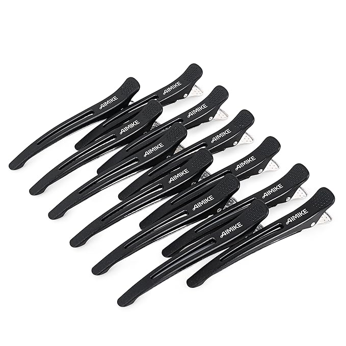 AIMIKE 12pcs Professional Hair Clips for Styling Sectioning, Non Slip No-Trace Duck Billed Hair Clips with Silicone Band, Salon and Home Hair Cutting Clips for Hairdresser, Women, Men -Black 4.3” Long