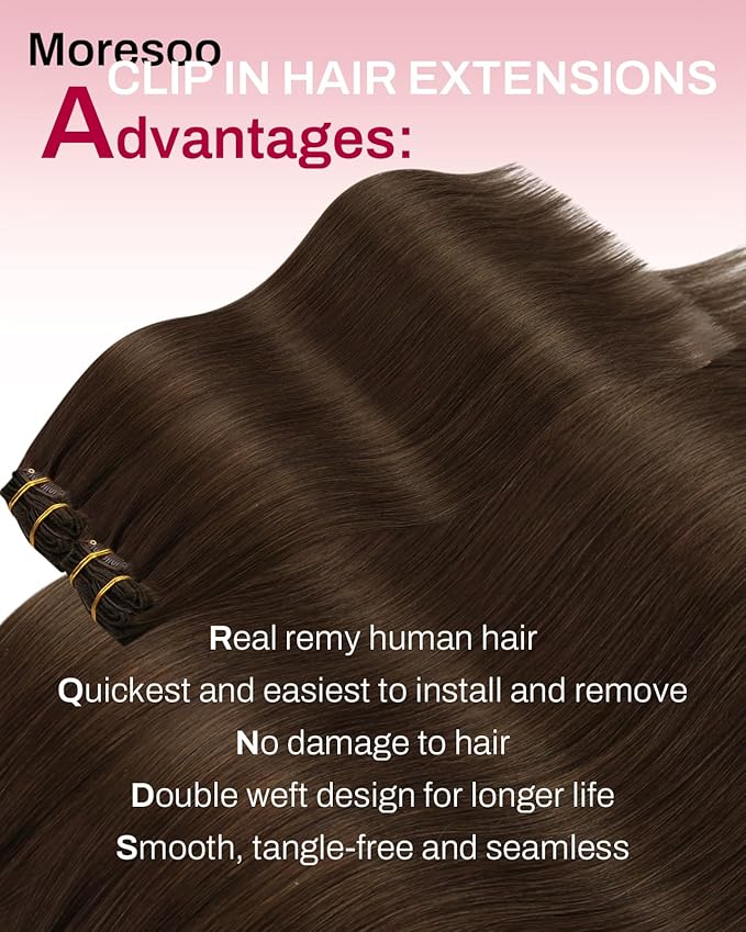 Moresoo Brown Seamless Clip in Hair Extensions Human Hair Medium Brown Hair Extensions Clip ins Long for Women Pu Skin Double Weft 120g/7pcs 20 inch