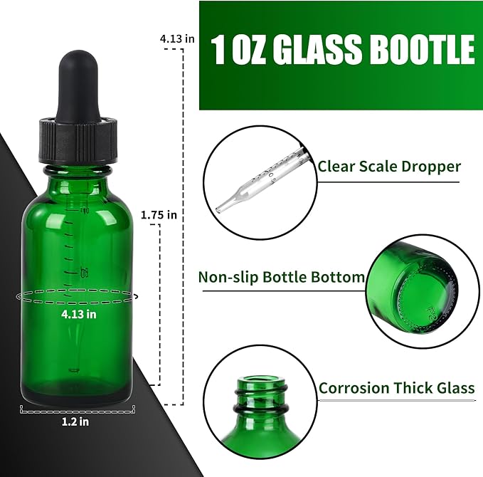 48 Pcs, 1oz Glass Dropper Bottle, Leakproof Tincture Bottles with Dropper, Green Reusable Eye Dropper Bottle for All Kinds of Liquids (Green, 1oz-48pcs)