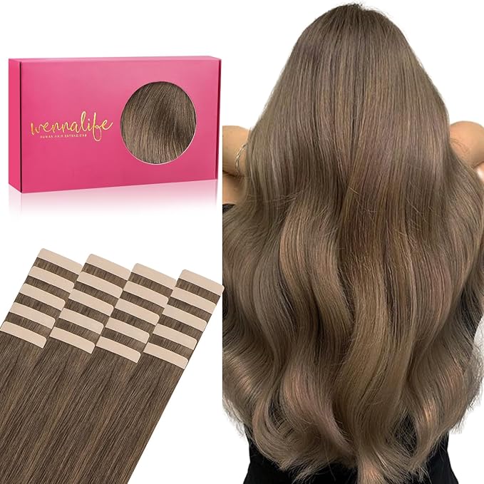 WENNALIFE Tape in Hair Extensions Human Hair, 20pcs 50g 24 inch Light Ash Brown Remy Hair Extensions Straight Human Hair Tape in Extensions Skin Weft Tape Extensions Human Hair