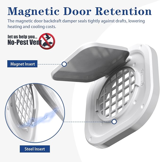 Dryer Vent Cover Outside 4 inch, Magnetic Door Design, Durable Airflow Vent with Lint Trap Screen, Thickened Material, 7 inch x 7 inch Size, White