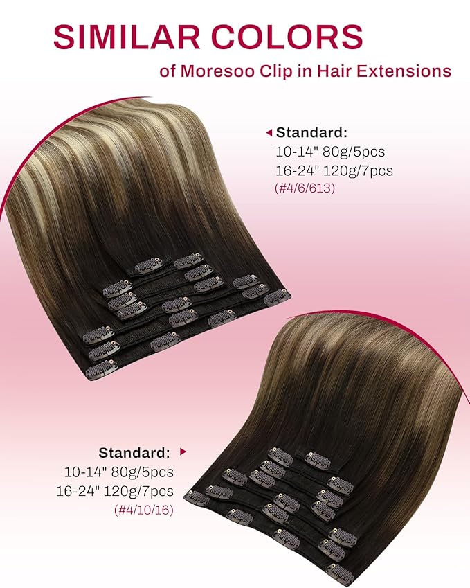 Moresoo Human Hair Clip in Extensions Balayage Dark Brown to Medium Brown with Blonde Ombre Clip in Hair Extensions for Women Full Head 7 Pcs 120G 22 Inch