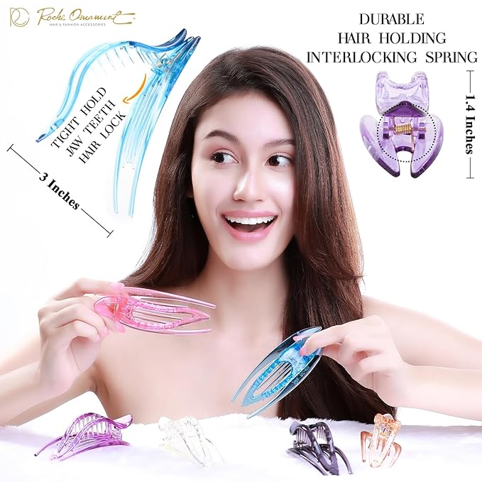 RC ROCHE 6 Pcs Flat Hair Clips Big Claw for Thick Hair French Duckbill Women No Slip Side Slide Curved Alligator Concord Strong Grip Hold Volume Lay Down Clamp, Medium Transparent