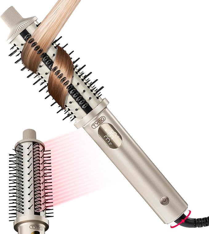 TYMO STYLUX PRO Thermal Brush Curling Brush, 1.5 Inch Blowout Heated Round Volumizer, Hair Straightener and Curler 2 in 1, 800M Negative Ion for Smoother, LCD Display, 5 Temp, Dual Voltage, Gold