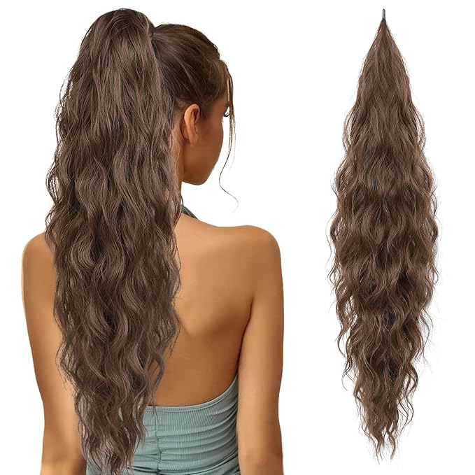Flufymooz Ponytail Extension, Flexible Wrap Around Ponytail Hair Long Wavy Curly Hair Extensions Natural pony tail Synthetic Hairpiece for Women 32 Inch (Medium Chocolate Brown)