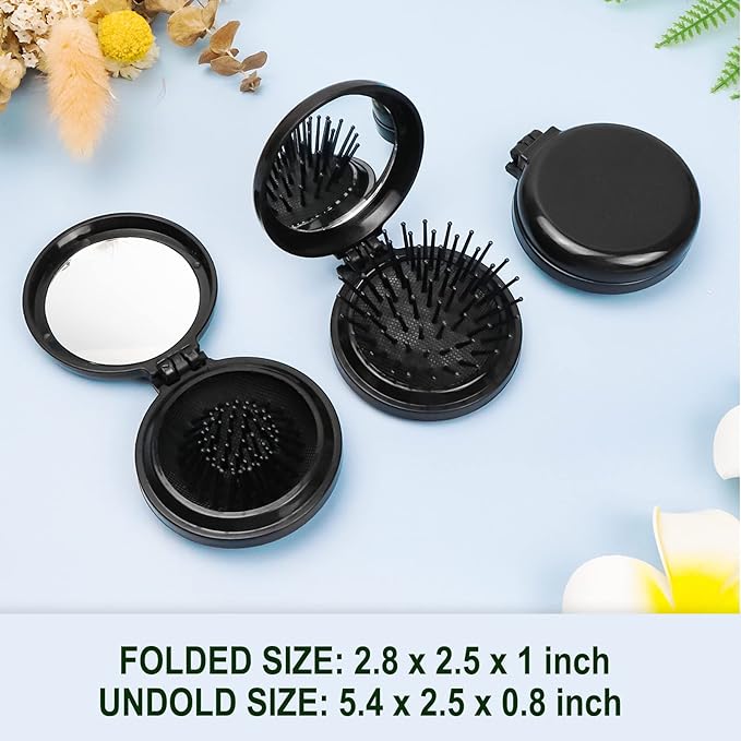 20 Pack Folding Travel Mirror Hair Brushes Round Folding Pocket Hair Brush Mini Hair Comb Compact Travel Size Hair Massage Combor Women and Girls (Black)