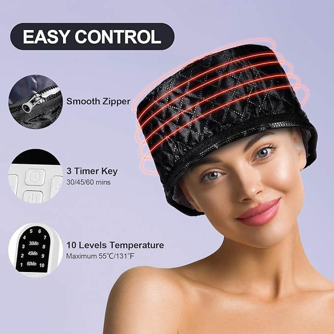 Electric Hair Steamer Cap, Hair Care Hat Heating Cap with 10 Gears Temperature and Timer Control, Thermal Heat Cap for Black Hair Thermal (Black)