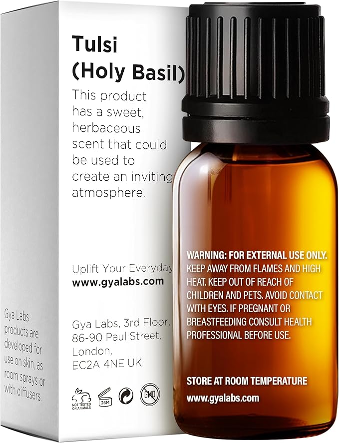 Gya Labs Holy Basil (Tulsi) Essential Oil - 0.34 Fl Oz - for Hair, Skin, Diffuser, Aromatherapy & DIY Candle Making Scent
