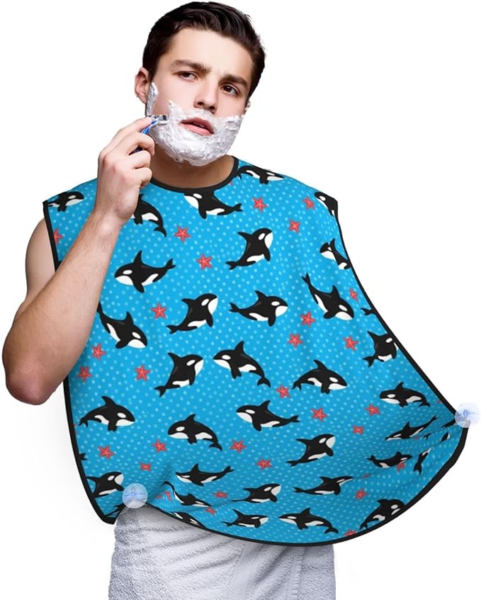 Waterproof Beard Trimming Bib, Non-Stick Hair Catcher for Men Shaving, Grooming Apron for Husband Dad, Cute Killer Whale Starfish Bubbles Dots Blue Shave Bib