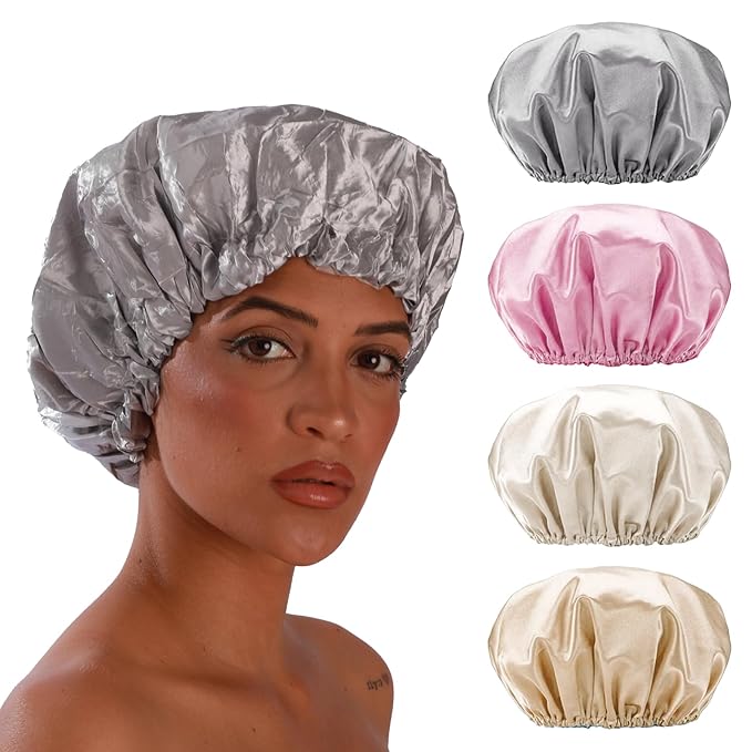 Smilco 4 Pack Shower Caps for Women, Reusable Waterproof Double Layer Bath Cap, Large EVA Elastic Hair Cover for Shower, Fits Long Hair & Braids, for Spa & Home