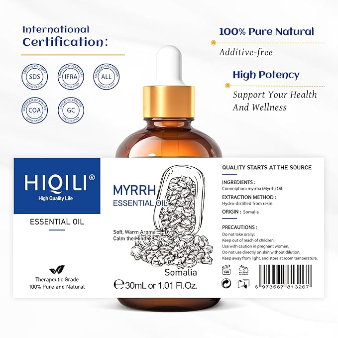 HIQILI Myrrh Essential Oil, for Skin, Massage, 100% Pure & Natural - 1.01 Fl Oz