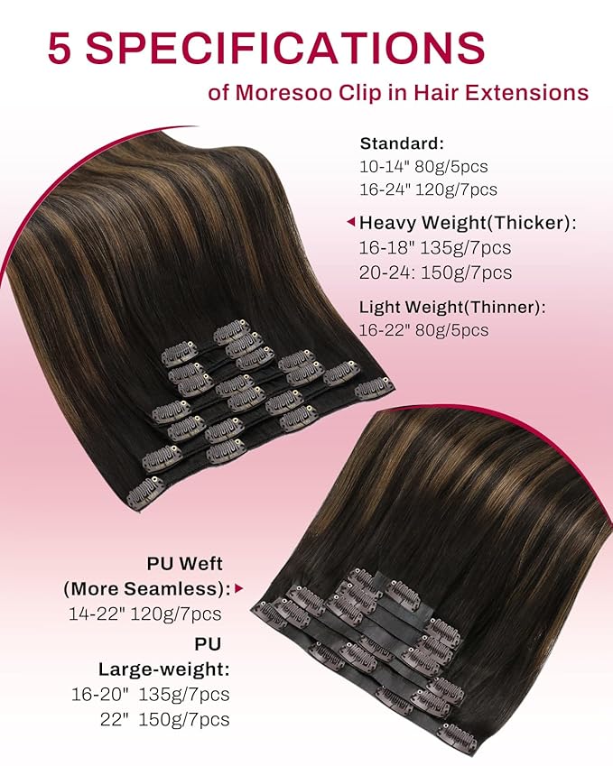 Moresoo Clip in Hair Extensions Balayage Dark Brown Mixed with Chestnut Brown Hair Extensions Real Human Hair Clip ins Ombre Brown Clip in Extensions Double Weft 7pcs 135g 18inch
