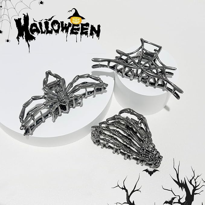3 Pieces Large Metal Spider Net Hand Hair Claw Clips for Women and Girls Thick Long Hair, Nonslip Skeleton Spooky Barrette Headband Hair Styling Accessories for Halloween Christmas Gifts