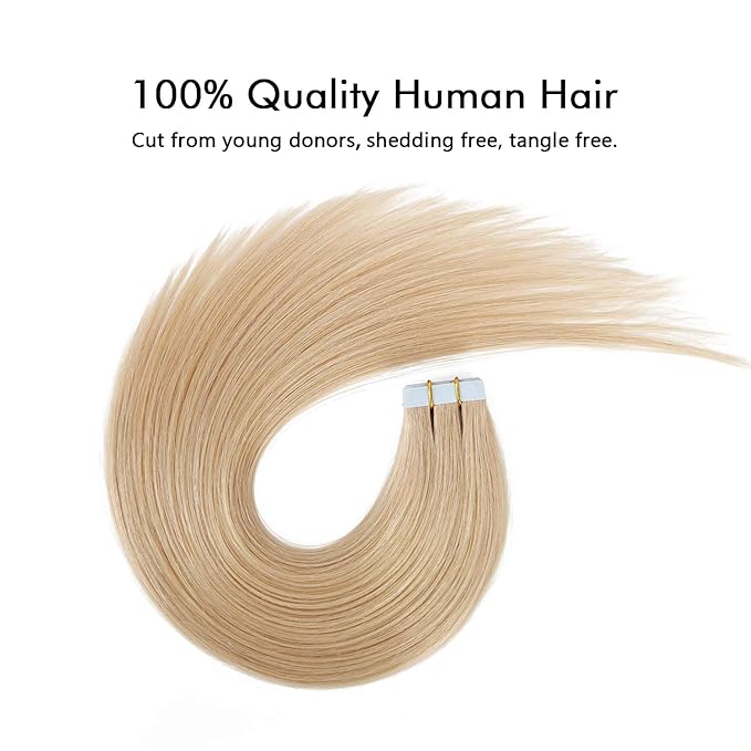 SUYYA Tape in Hair Extensions Human Hair Ash blonde 100% Remy Hair 18 inches 20pcs 50g/pack Straight Seamless Skin Weft Tape in Human Hair(18Inch #16 Light Blonde)