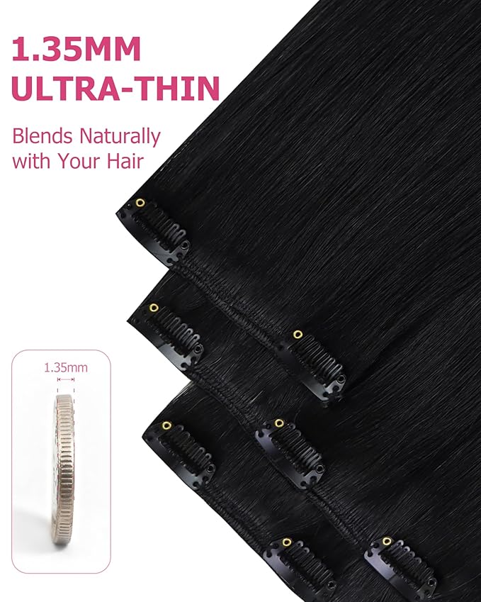 YoungSee 24inch Clip in Hair Extensions Human Hair Black Human Hair Extensions Clip ins Jet Black Blend Natural Clip in Extension Remy Hair for Women Long Straight Hair Extension 120G 7Pcs
