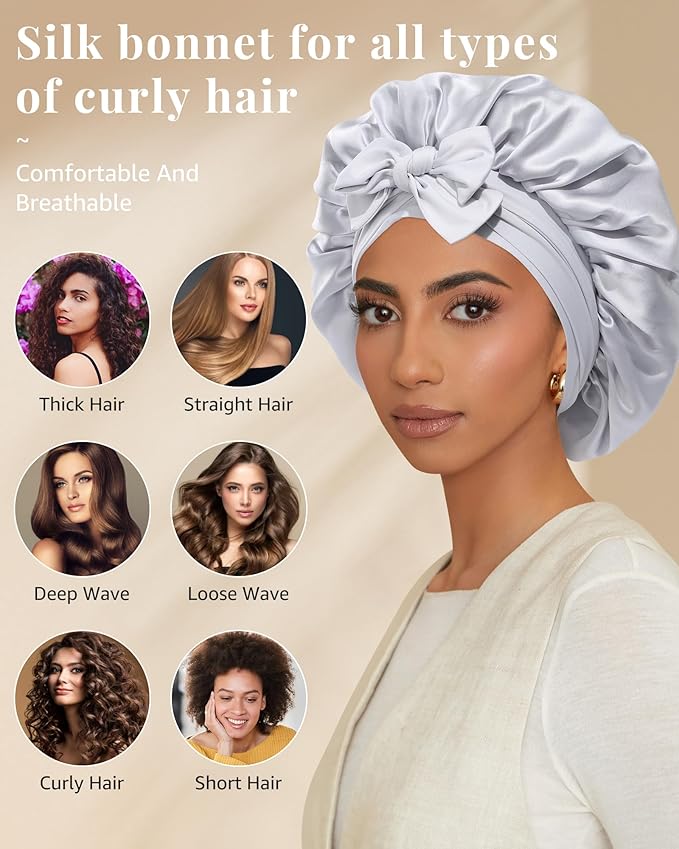 AWAYTR Silk Bonnet for Sleeping Women 100% Mulberry Silk Bonnet with Band 2 Layer Reversible Hair Bonnet Sleeping Hair Wrap (Black/Silver Grey)