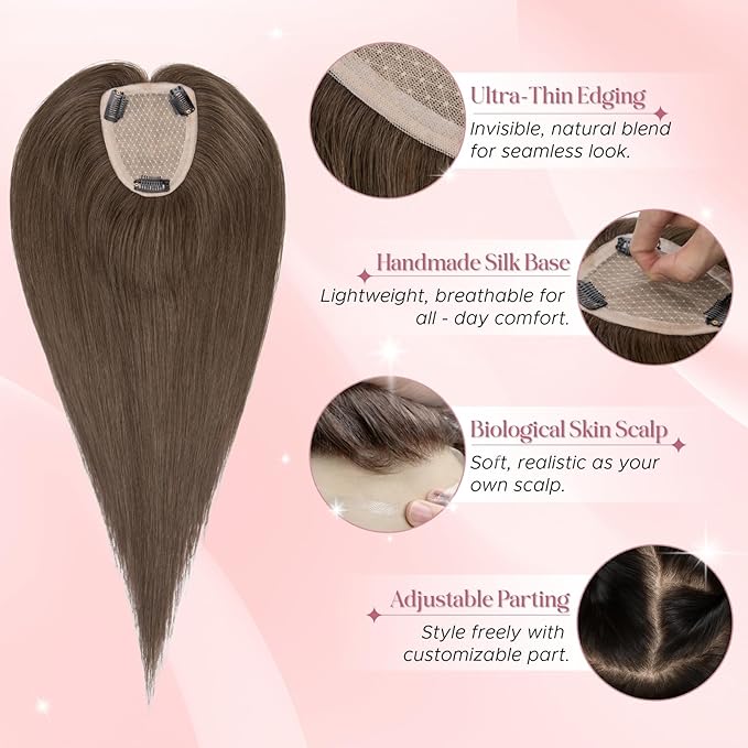 Real Human Hair Toppers for Women 3.54"*4.72" Silky Base 150% Density No Bangs Adjustable Parting Clip-In Topper Hairpieces for Women with Thinning Hair 10 Inches Natural Brown