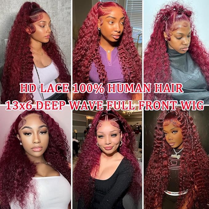 20 Inch 99J Burgundy Lace Front Wigs Human Hair 13x6 Hd Deep Wave Lace Front Wigs Human Hair Pre Plucked Red Colored Frontal Curly Wig For Women