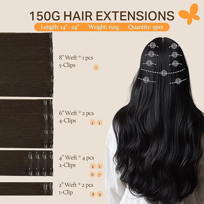 DOORES Human Hair Extensions Clip in, Dark Brown 9pcs 150g 18 Inch, Remy Straight Natural Thick Real Hair