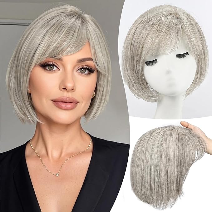 EMMOR Human Hair Toppers for Women Short Bob Real Hair with Bangs 10" Side Part Hairpieces for Women with Thin Hair 6.5" × 6.5" Larger Base Human Wig Toppers(Gray)