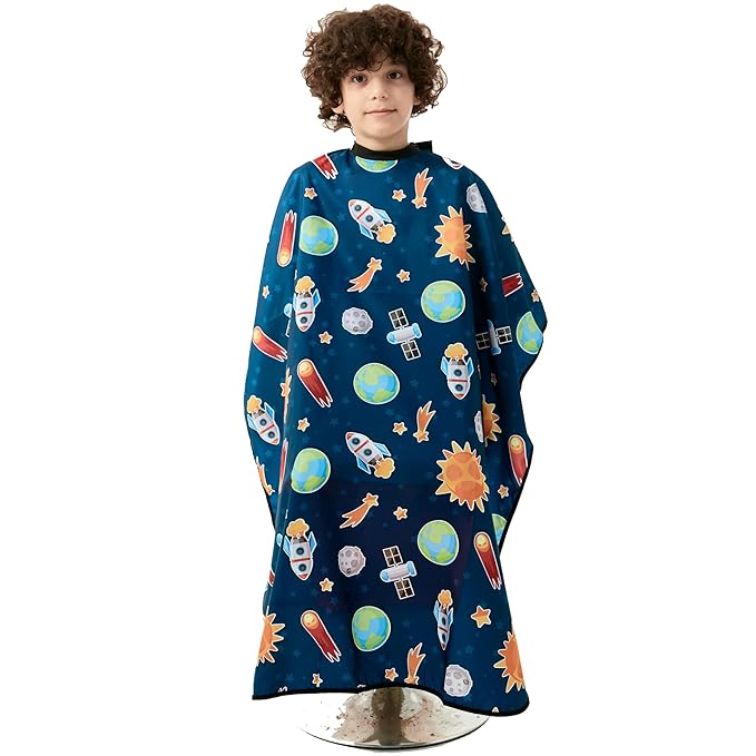 Kids Hair Cutting Cape - Outer Space Print, Water-Resistant Salon Cape with Snap Closure - Lightweight Barber Cape for Children’s Haircuts - Fun Kids Hairdresser Cape for Salon or Home Use