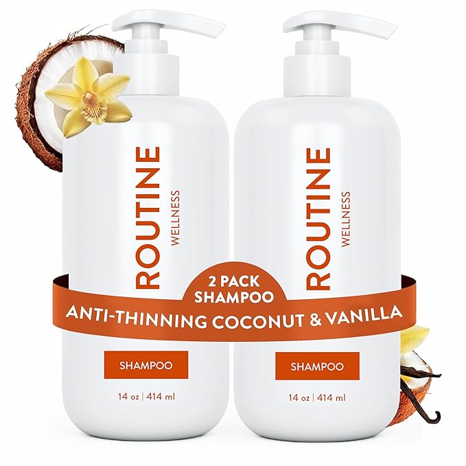 Routine Wellness Anti-Thinning Shampoo for Thinning Hair - Biotin DHT Blocker Women & Men - Color Safe Shampoo for Hair Loss & Healthy Hair - Coconut & Vanilla 14oz (Pack of 2)