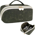 Prite Travel Cosmetic Bag Makeup Organizer Bag For Women Large Capacity Waterproof PU Leather Toiletry Bag with Handle and Clear Divider(Green Flower)